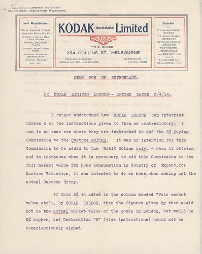 Typed memo on Kodak Australasia Limited letterhead.