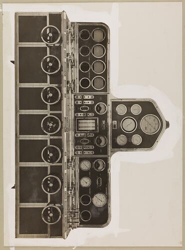 Monochrome photograph of a control panel.