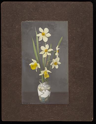 Still life of white and yellow daffodil flowers in an ornate vase.