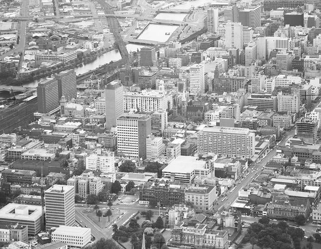Monochrome aerial photograph of Melbourne.
