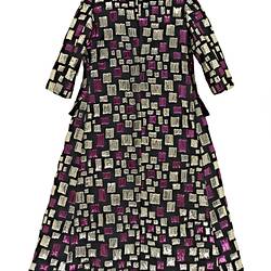 Full-length coat, black with gold and pink squares.