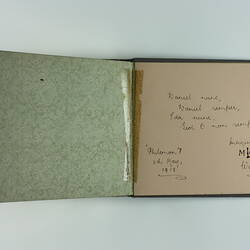 Autograph album pages showing hand-written inscription