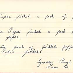 Document - Lynette Boyd, Addressed to Dorothy Howard, Transcription of Tongue Twister 'Peter Piper', 1954-1955