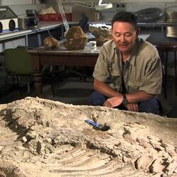 Collection Manager David Pickering discusses a hadrosaur specimen.  Registration no. P 207269.1.