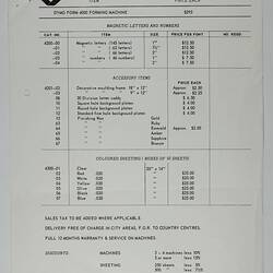 Specification sheet and price list attached to letter.