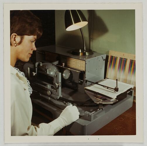 Worker Testing Characteristic Curves of Ektacolor Paper on Densitometer, Kodak Factory, Coburg, circa 1960s