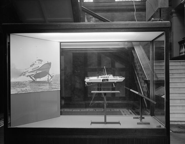 Model of P.T. 50 hydrofoil boat in main foyer, Institute of Applied Science (Science Museum), Melbourne, 1966