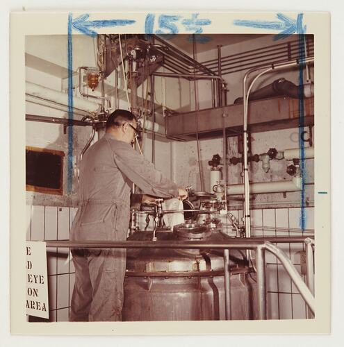 Slide 504, 'Extra Prints of Coburg Lecture', Factory Worker at Retort, Kodak Factory, Coburg, circa 1960s