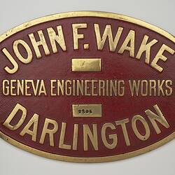 Locomotive Builders Plate - John F. Wake, Geneva Engineering Works, Darlington, England, circa 1910s-1920s