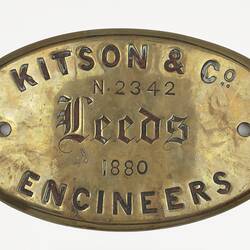 Locomotive Builders Plate - Kitson & Co., Leeds, England, 1880