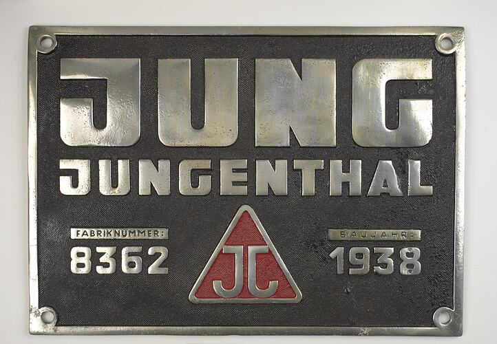 Locomotive Builders Plate - Arnold Jung Lokomotivfabrik GmbH, Jungenthal, Germany, 1938