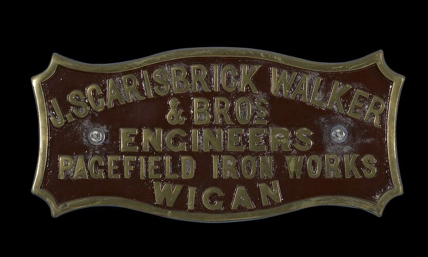 Locomotive Builders Plate - J. Scarisbrick Walker & Bros., Pagefield Ironworks, Wigan, England, circa 1870s