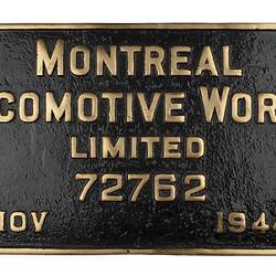Locomotive Builders Plate - Montreal Locomotive Works, Montreal, Canada, 1944