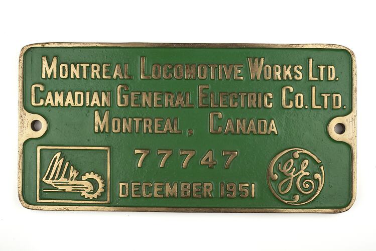 Locomotive Builders Plate - Motreal Locomotive Works Ltd, 1951
