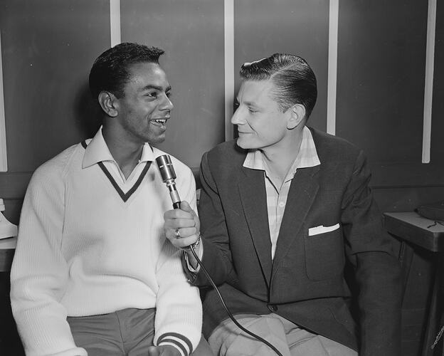 Two Men with Microphone, Chevron Hotel, Melbourne, Victoria, Nov 1958