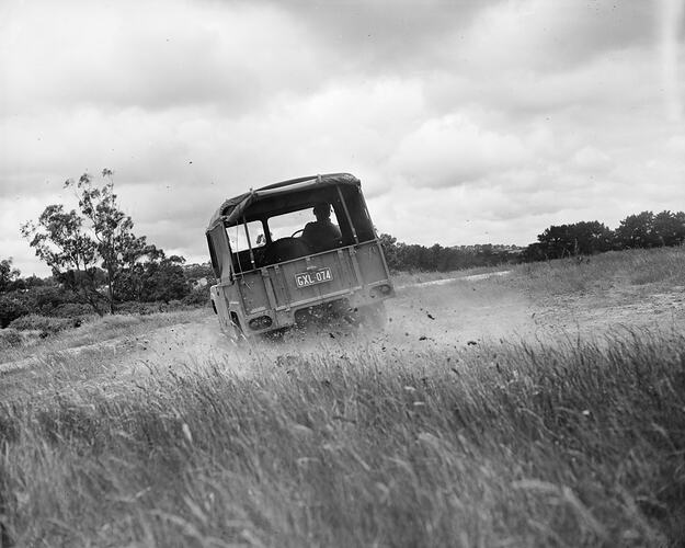 British Motor Corporation (Australia), Austin Gipsy Motor Car Driving Off Road, Victoria, Nov 1958