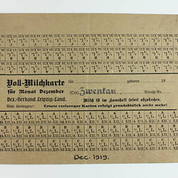 Ration Card - Whole Milk, Leipzig, Germany, Dec 1919