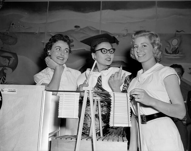 Three Women Presenting a Venetian Blind Laundry Product, Melbourne, Victoria, 1956-1957