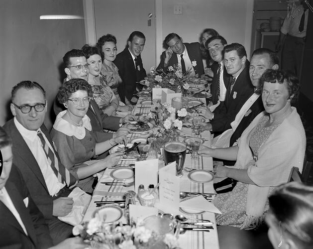 Woods Television Service Pty Ltd, Group of People at a Dinner Table, Fitzroy, Victoria, Oct 1958