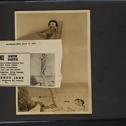 Album page, photograph, black and white, woman posing in polka dot bikini, standing. Advertisement overlaps.