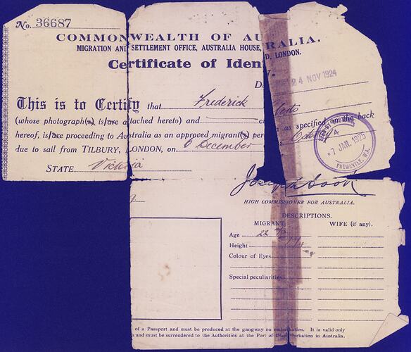Certificate of Identity - Commonwealth of Australia, Migration and Settlement Office, London, 24 Nov 1924
