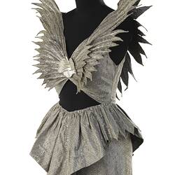 Silver grey dress bodice. Applique bird wings fan out to shoulders. Cut out midriff.
