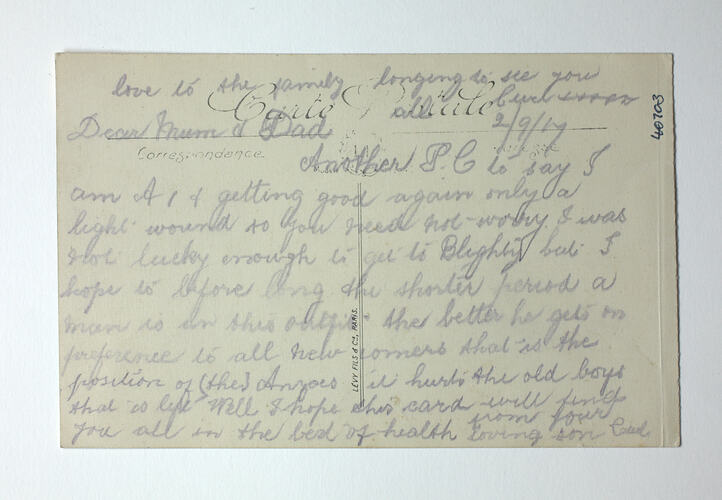 Printed back of postcard with handwriting.