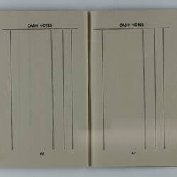 Open booklet, two white pages with black printing. Page 66 and 67.