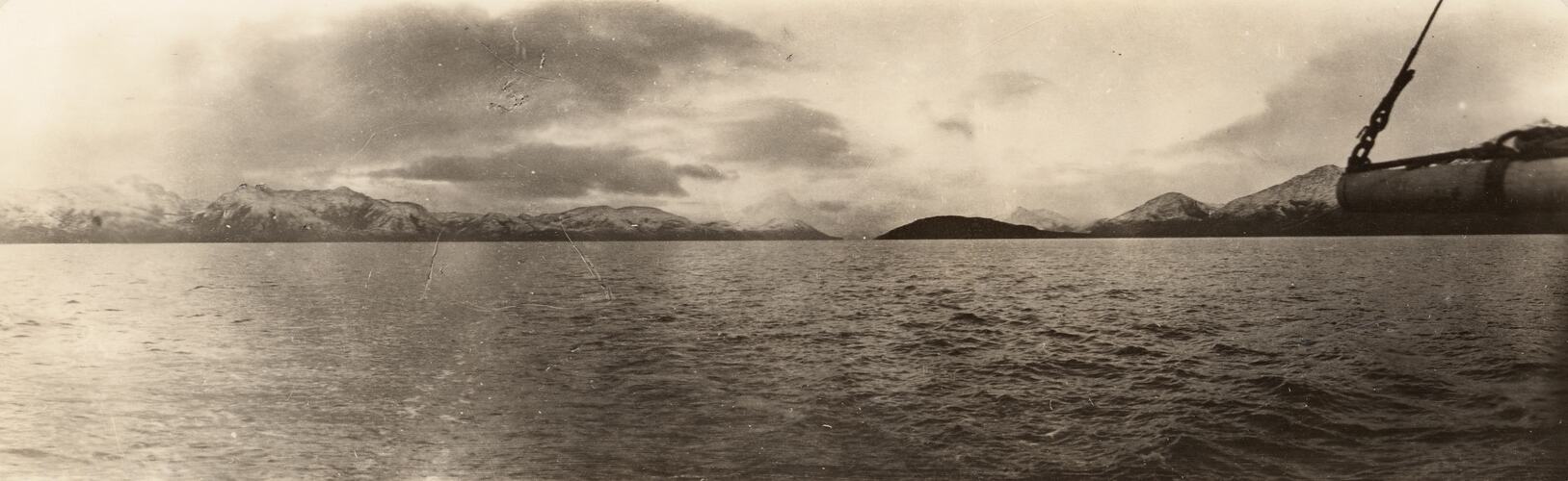 View of Beagle Channel taken aboard the 'Fortunato Viego', taken 7th May 1929