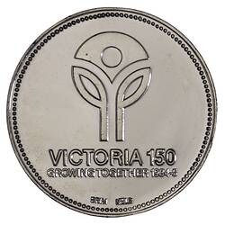 Round medal with logo of two single leaf stems supporting central inverted triangle. Text below.