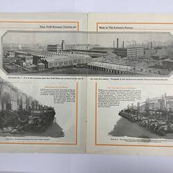 Open pamphlet, three images of a factory and tractors. Black and orange text.