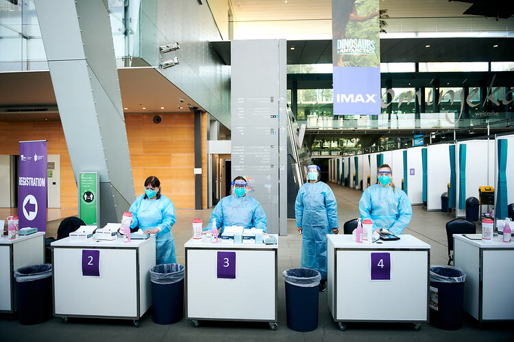 Temperature Checking Staff, St Vincent's Vaccination Hub, Melbourne Museum, 23 Sep 2021