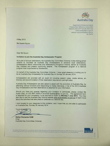 HT 57646, Letter - Nyadol William Nyuon, Australia Day Ambassador Program, 8 May 2013 [Redacted]