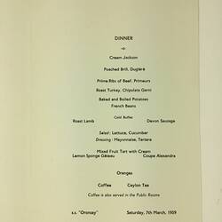 HT 54696, Menu - Dinner, Orient Line, SS Oronsay, 7 Mar 1959 (MIGRATION), Document, Registered