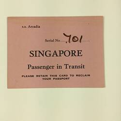 Transit Card - Singapore, SS Arcadia, 1967