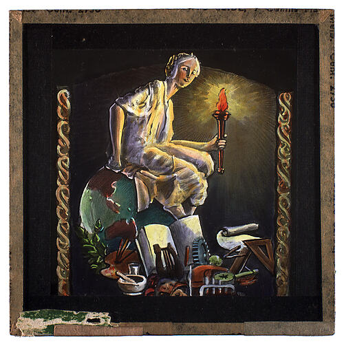 Lantern Slide - Universal Opportunity League, Woman Sitting on Globe