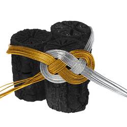 Set of three charcoal sticks, bound together with gold and silver coated wire.