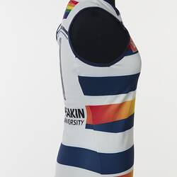 Women's AFLW guernsey with horizontal navy, white and rainbow stripes. Right profile.