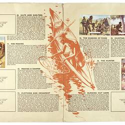Open booklet with printed black text and colour illustrations of First Peoples.
