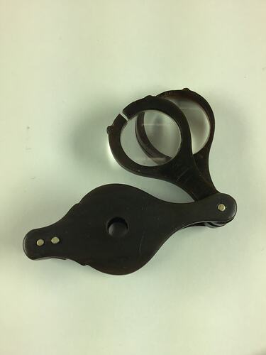 Black loupe with two round hinged magnifying glasses that slide into the case.