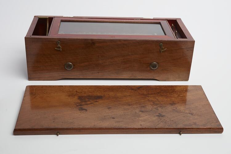 Wooden rectangular box with separate wooden lid. Glass section on top on box.