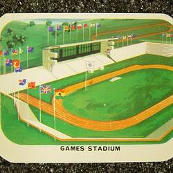 Card with sports stadium, green field and athletics running track.