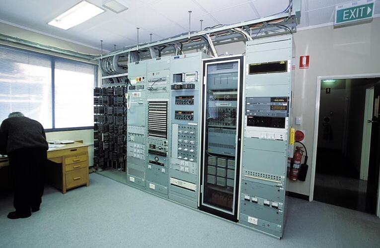 Main distribution frame and other radio equipment in racks. Melbourne Coastal Radio Station, Cape Schanck, Victoria.