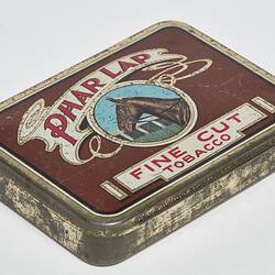 Rectangular maroon tobacco tin with brown racehorse head facing left. Text above and below.
