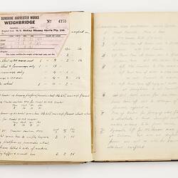 Open book with off white ruled pages. Handwritten and typed text.