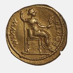 Round coin with seated figure facing right. She holds a long sceptre and a branch. Text around.