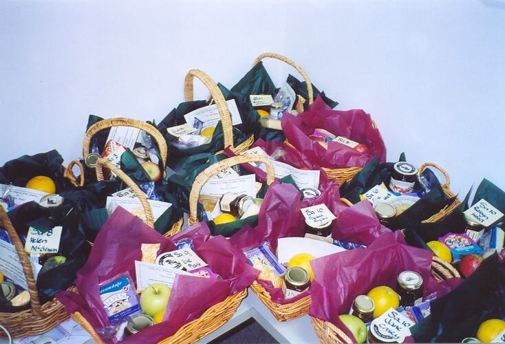 Baskets of goodies at the 2001 Beechworth Women on Farms Gathering