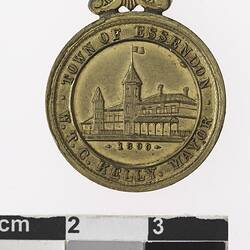 Round bronze coloured medal with building, text surrounding.