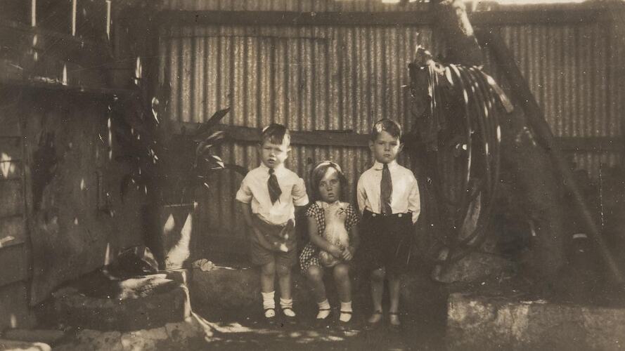 Digital Photograph - Three Children in Enclosed Courtyard, South Melbourne, mid 1930s