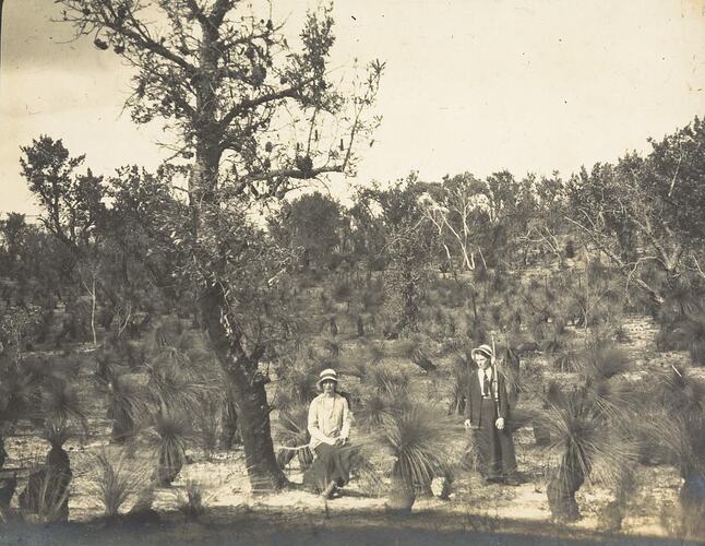 Digital Photograph - Two Women with Shotgun, Walking in Grass Tree Scrub, Saint Margaret Island, circa 1910